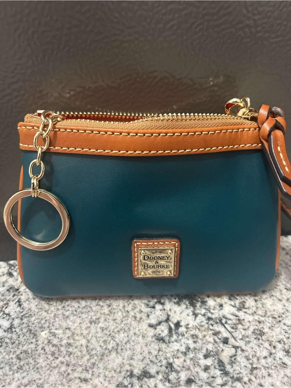 Dooney & Bourke Teal and Tan Leather Mini Key Pouch with Gold Hardware